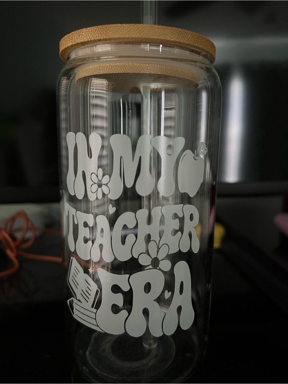 Glass Water Bottle with Bamboo Lid - "In My Teacher Era" White Graphic